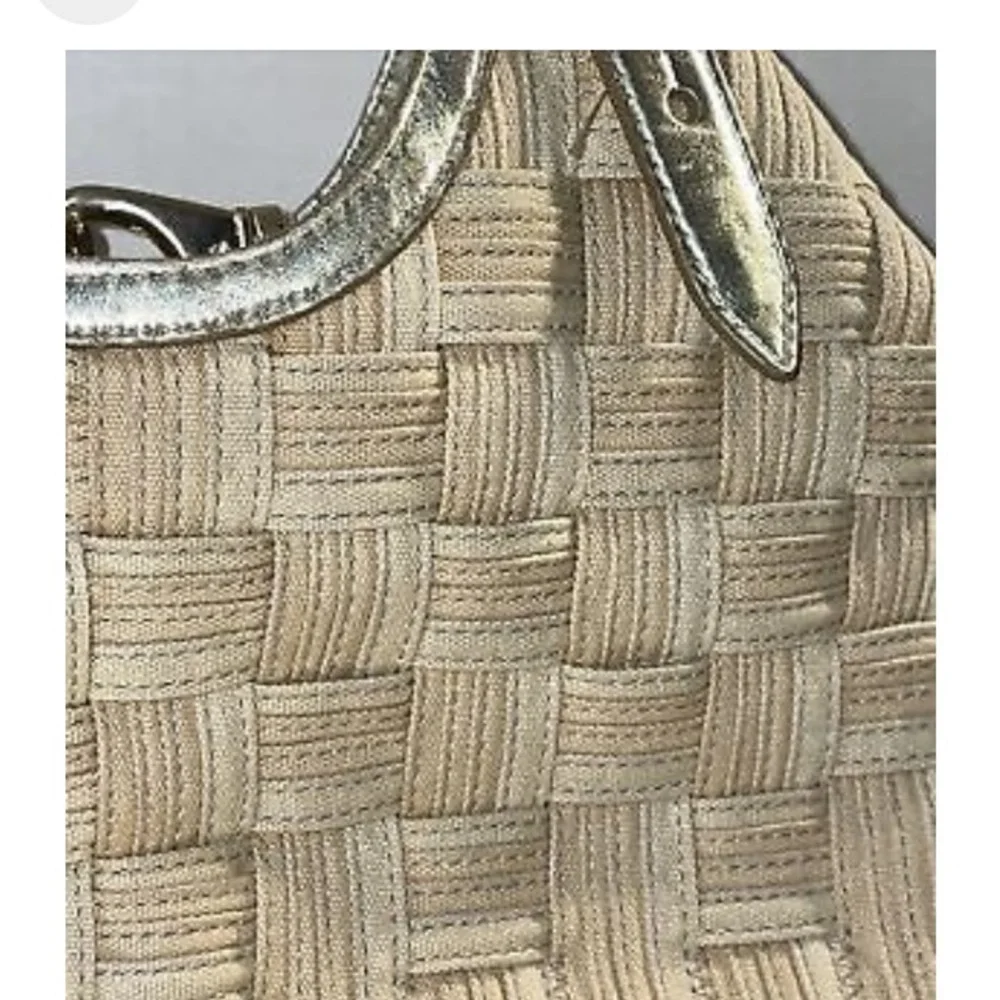 Cole Hahn Genevieve Weave Handles XL Canvas Gold leather triangle Tote Hobo